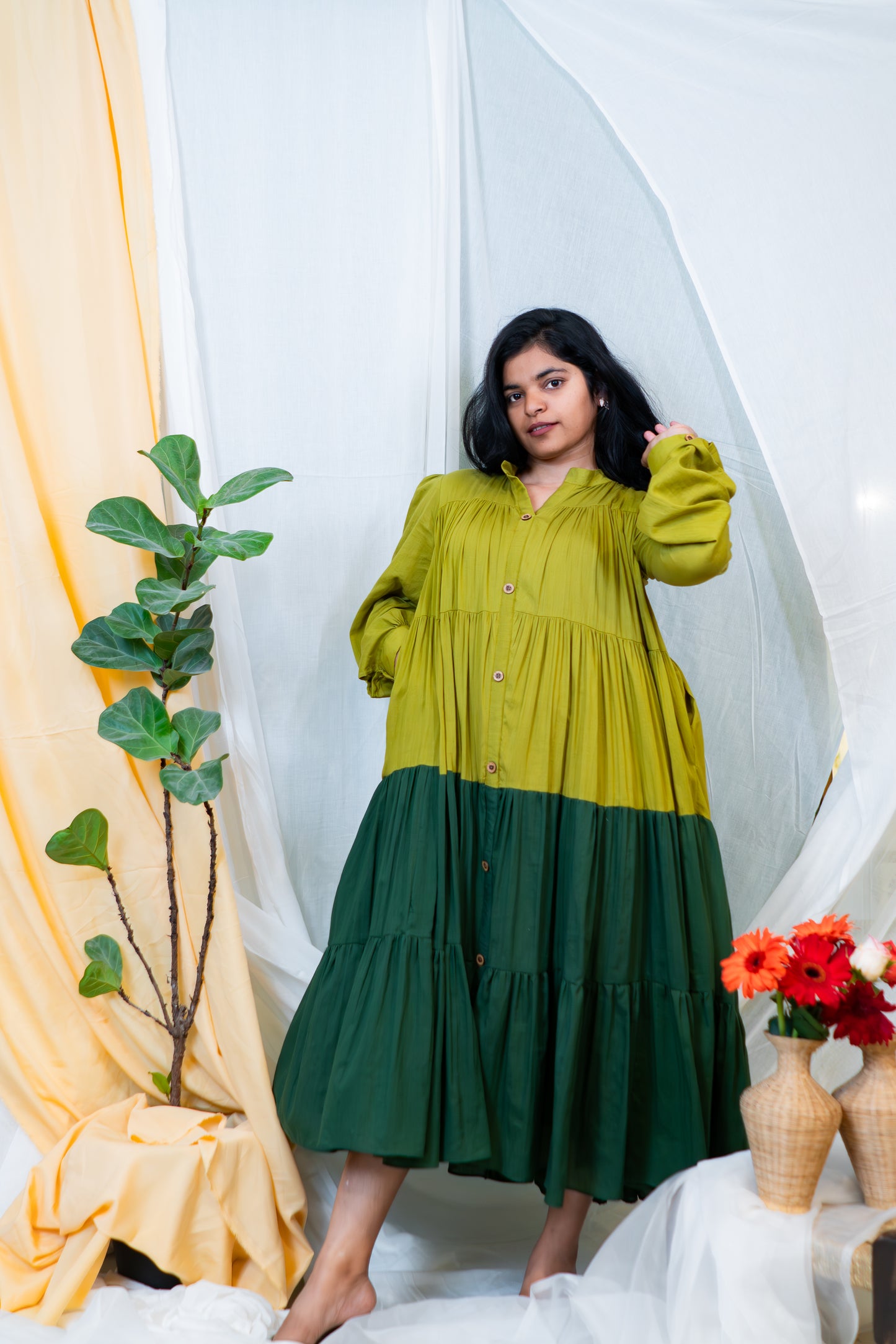 Dual-Tone Flow Tiered Dress – Olive & Green