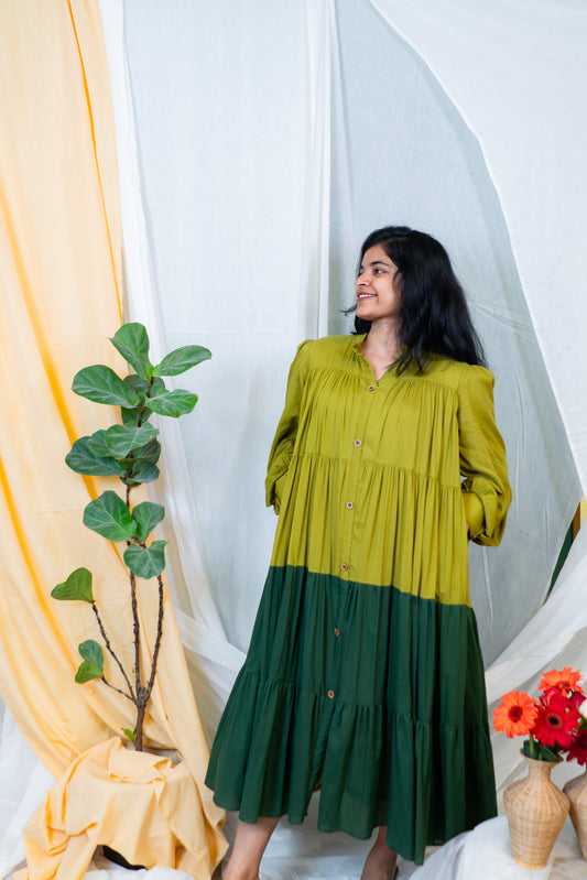 Dual-Tone Flow Tiered Dress – Olive & Green