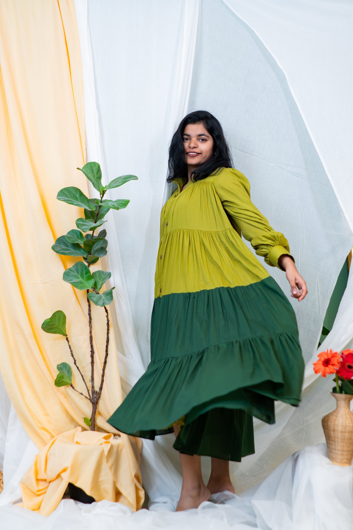 Dual-Tone Flow Tiered Dress – Olive & Green