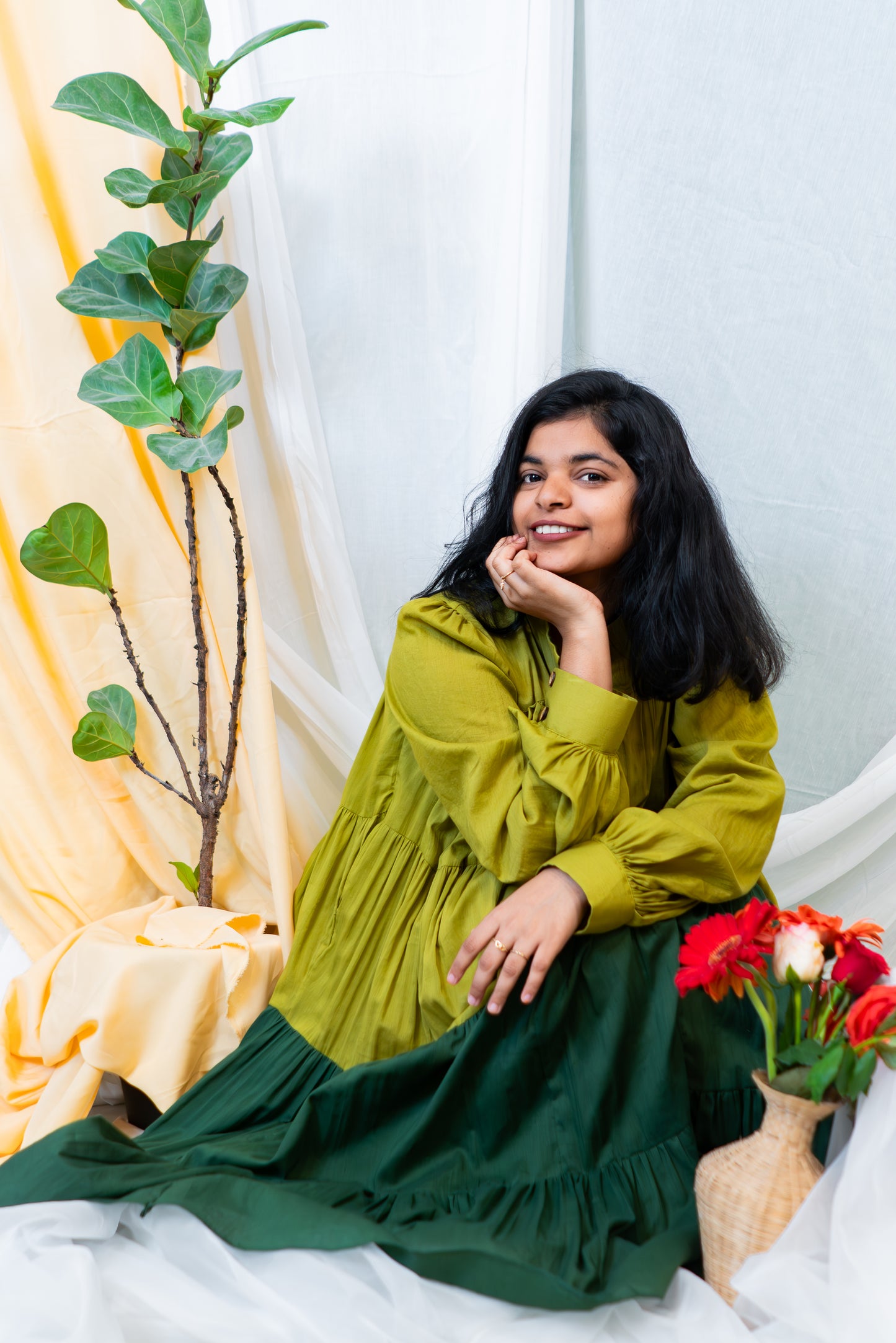 Dual-Tone Flow Tiered Dress – Olive & Green