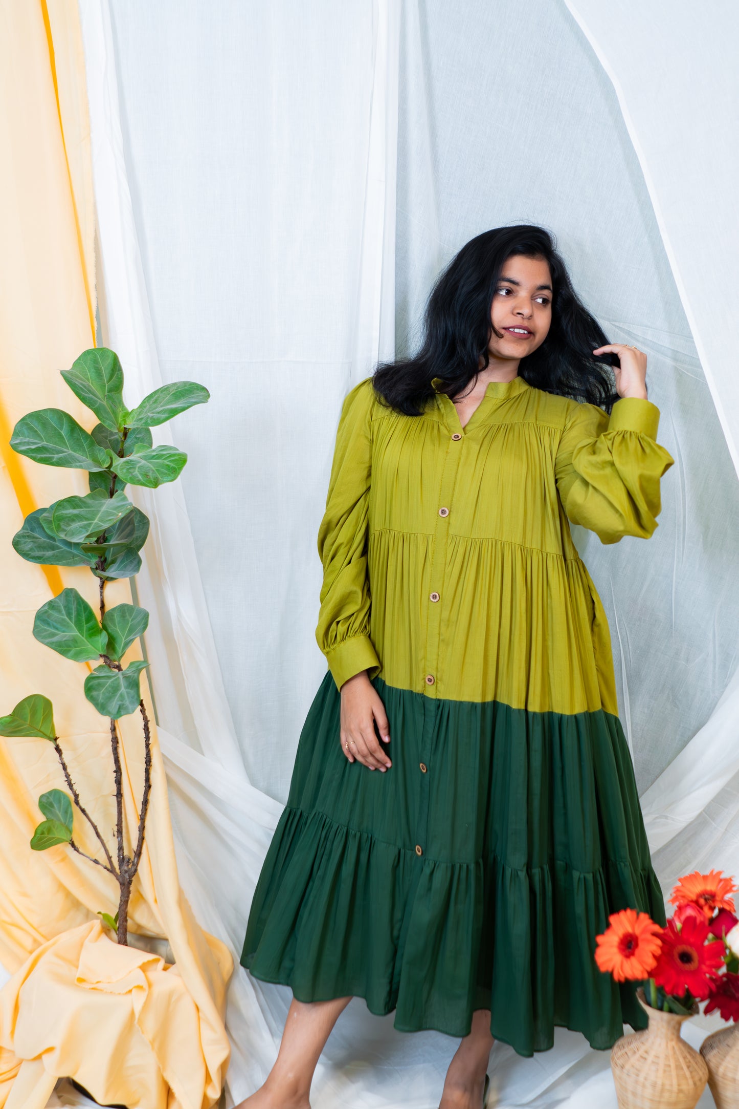 Dual-Tone Flow Tiered Dress – Olive & Green